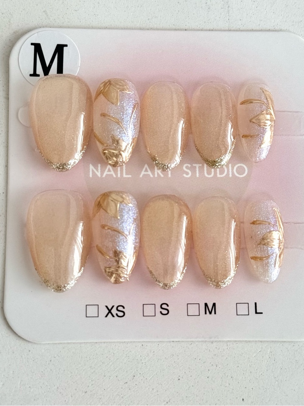 Handmade Press-On Nails Set in Champagne Pink with Gold Accents Size M